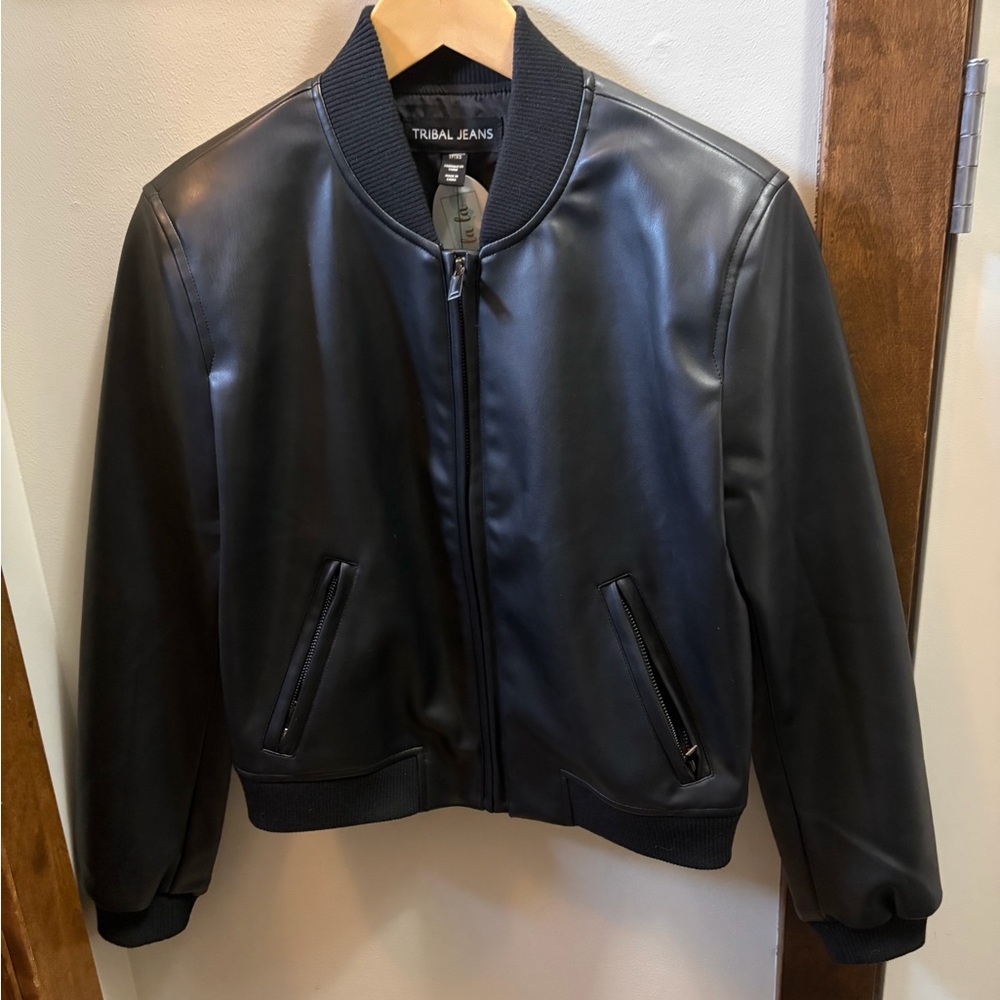 Brand new!!! Black Leather Bomber Jacket- Tribal Jeans XS